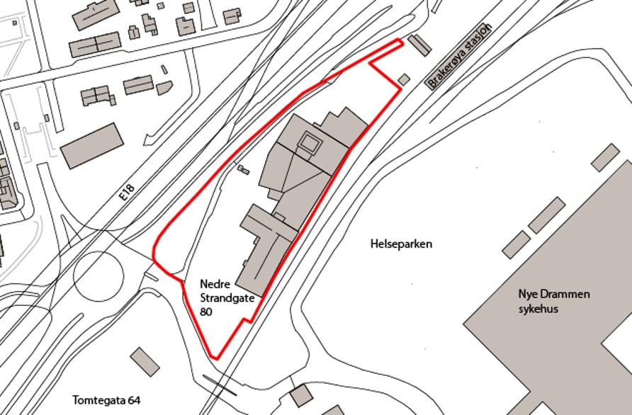Kart som viser forslag over planområdet, beliggende mellom E18 og nye Helseparken 