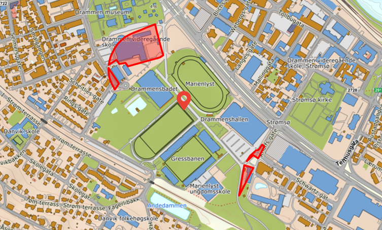 Kart som viser planområdet som ligger over Drammen videregående skole