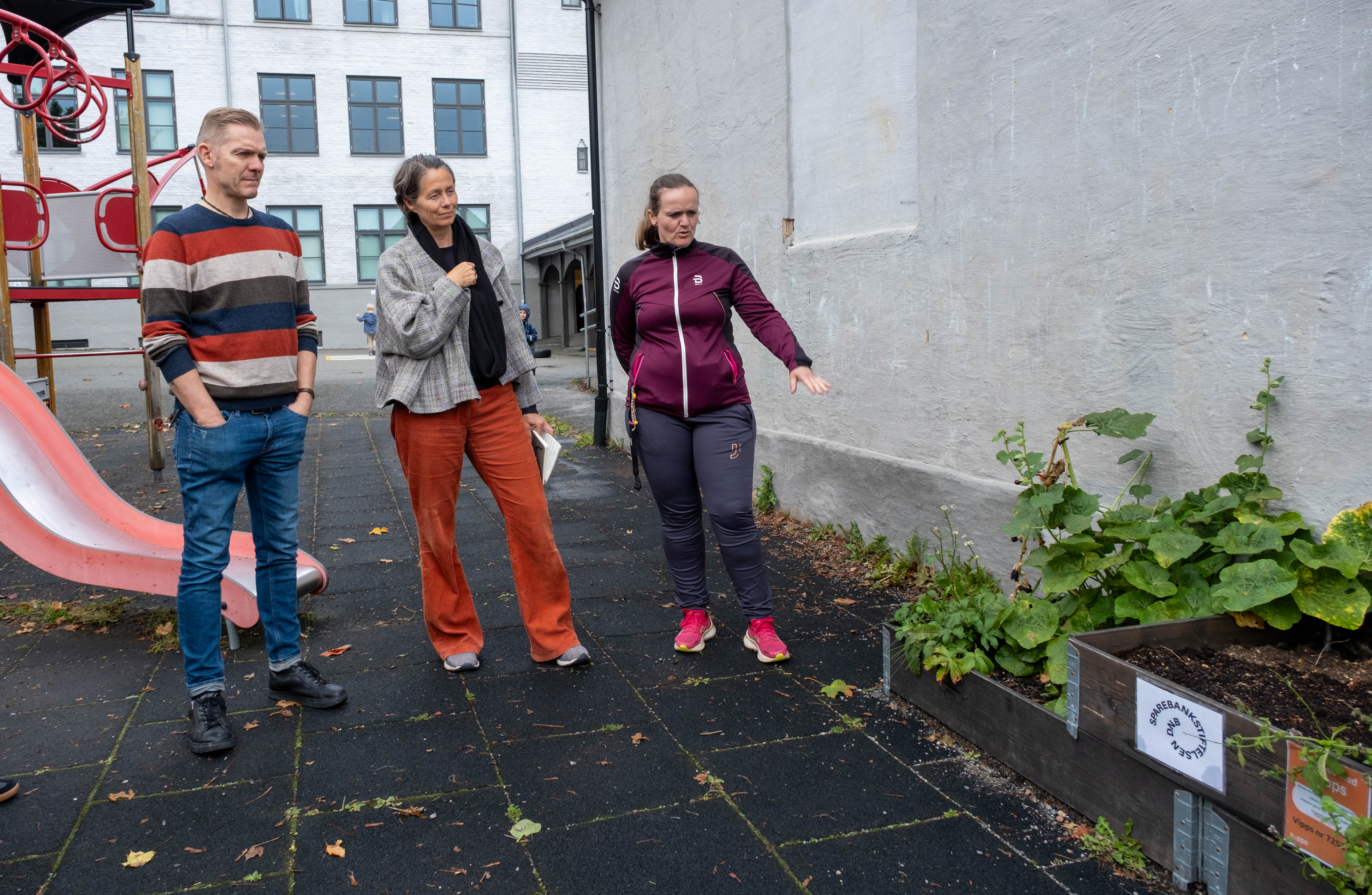 en mann og to damer står og prater og ser på en plantekasse