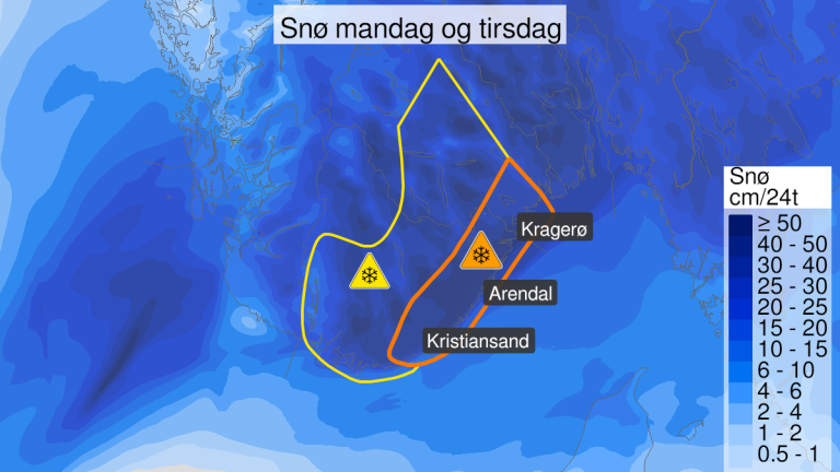 Et kart med oransje linjer rundt store deler av østlandet. Mørk blått fyll tyder på store nedbørsmengder innenfor siklen. 