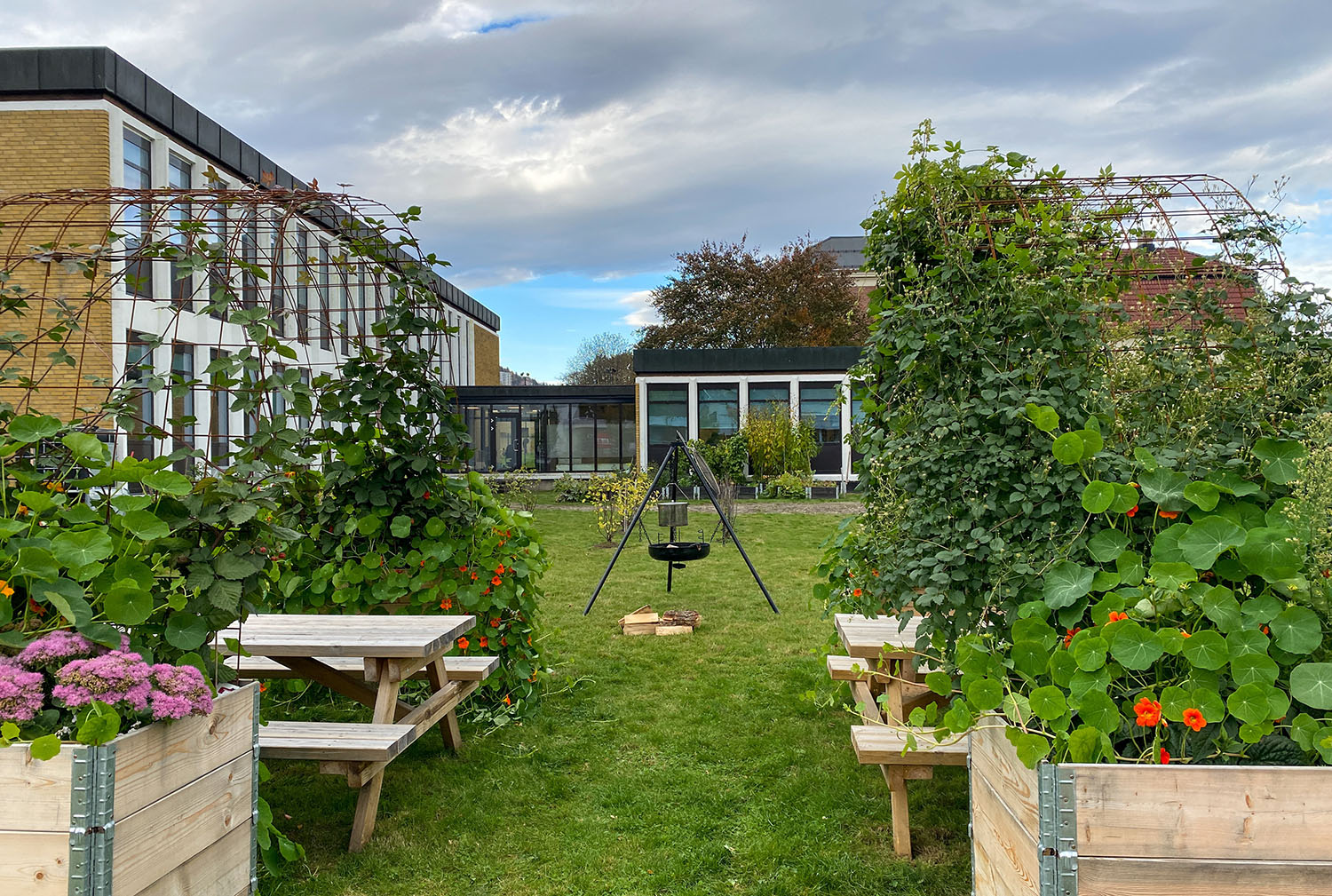 Strømsøhagen med pallekarmer, benker og bålpanne.