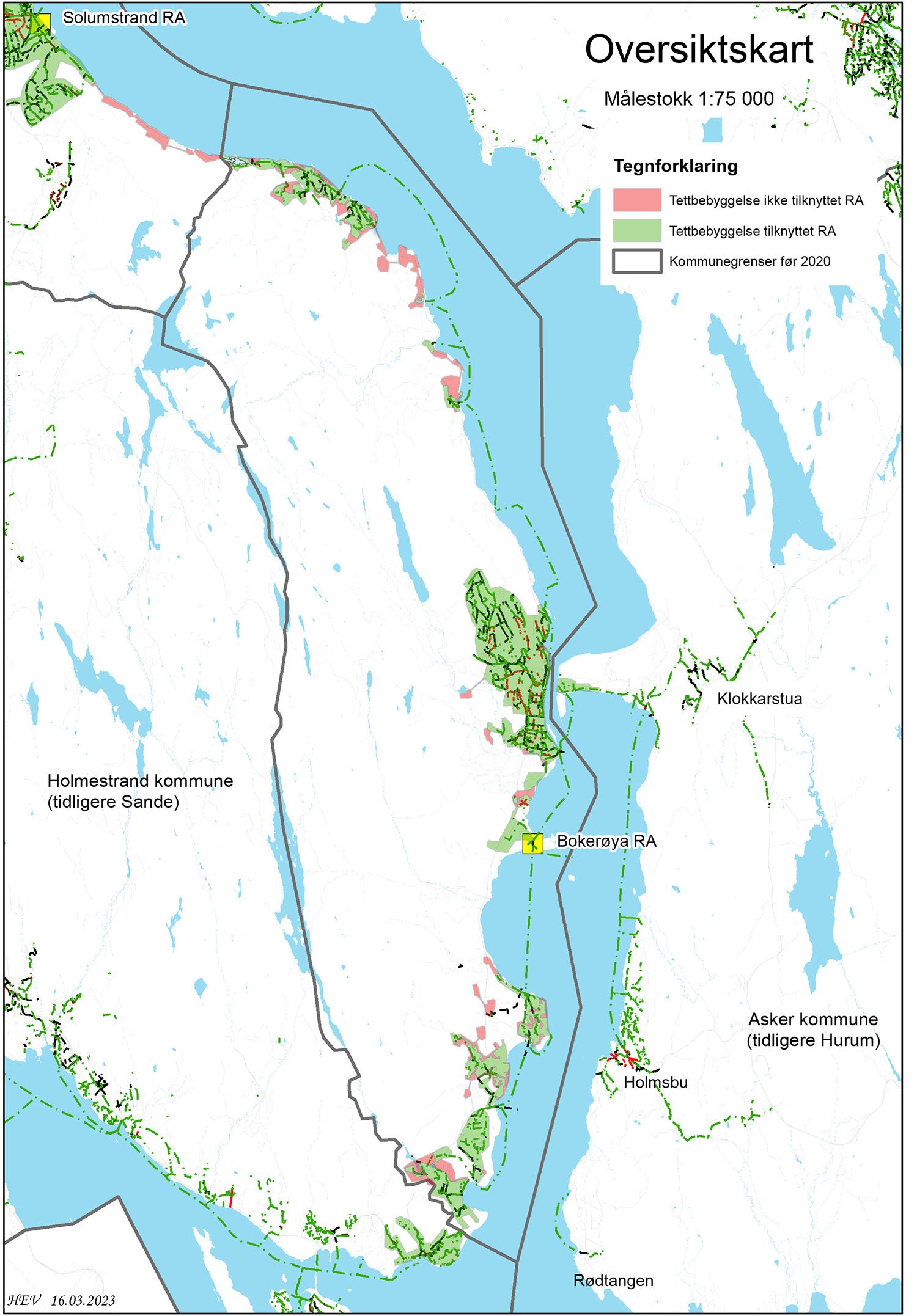 Kart som viser tettbegyggelse sør i Drammen kommune.