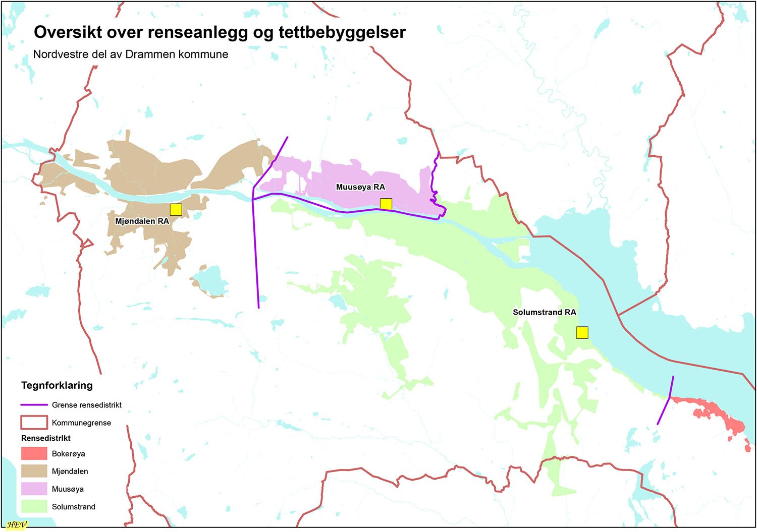 Kart som viser tettbebyggelse nord i Drammen kommune.